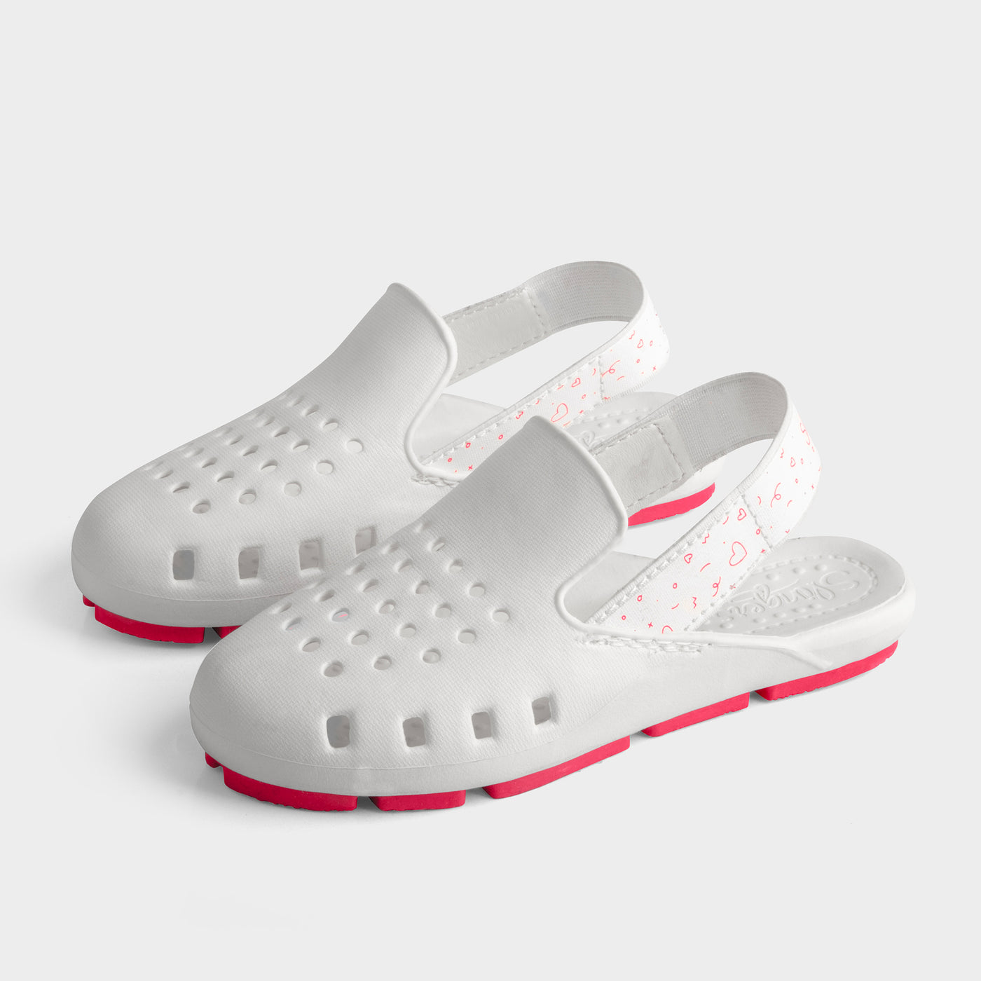 white + barbie pink shoes for girls. water shoes with elastic back and heart print slingback