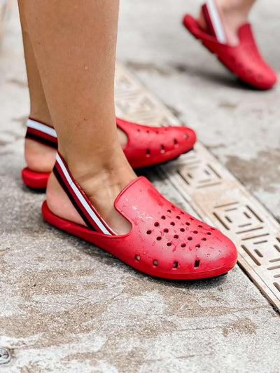 Red floater shoes. red clogs for pool with slingback 