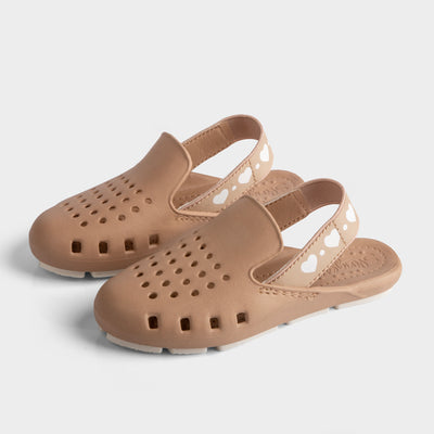 Sandals in tan with heart print strap slingback.  Foam water shoes bubble shoes