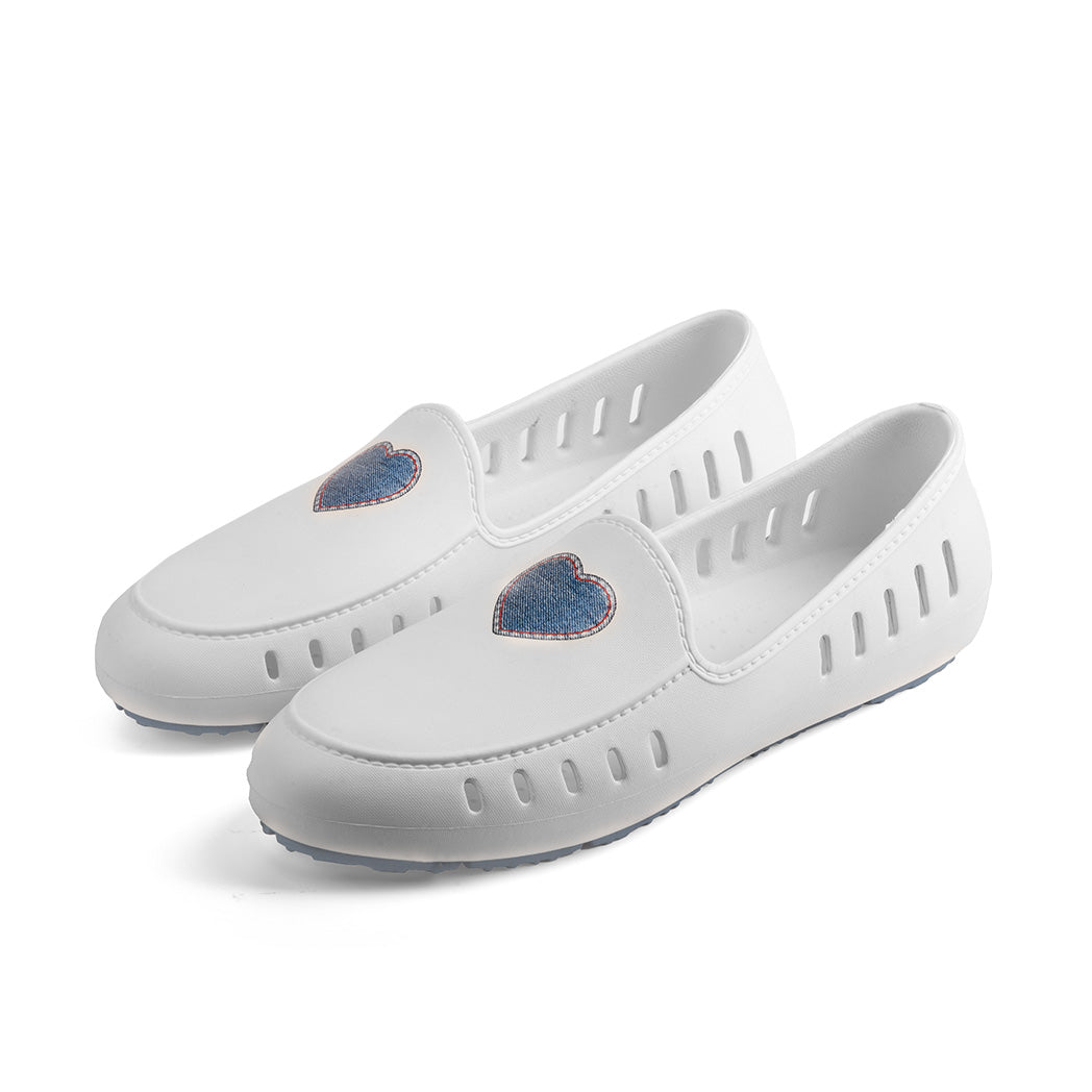 Womens and teens white perforated loafer with heart