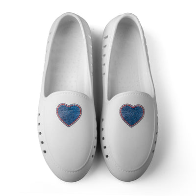 White cruise loafer for teens and women with denim heart