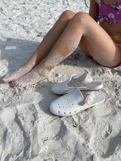 white slides sandals for the beach, pool or shower. slingback clog  white water shoe for girls.